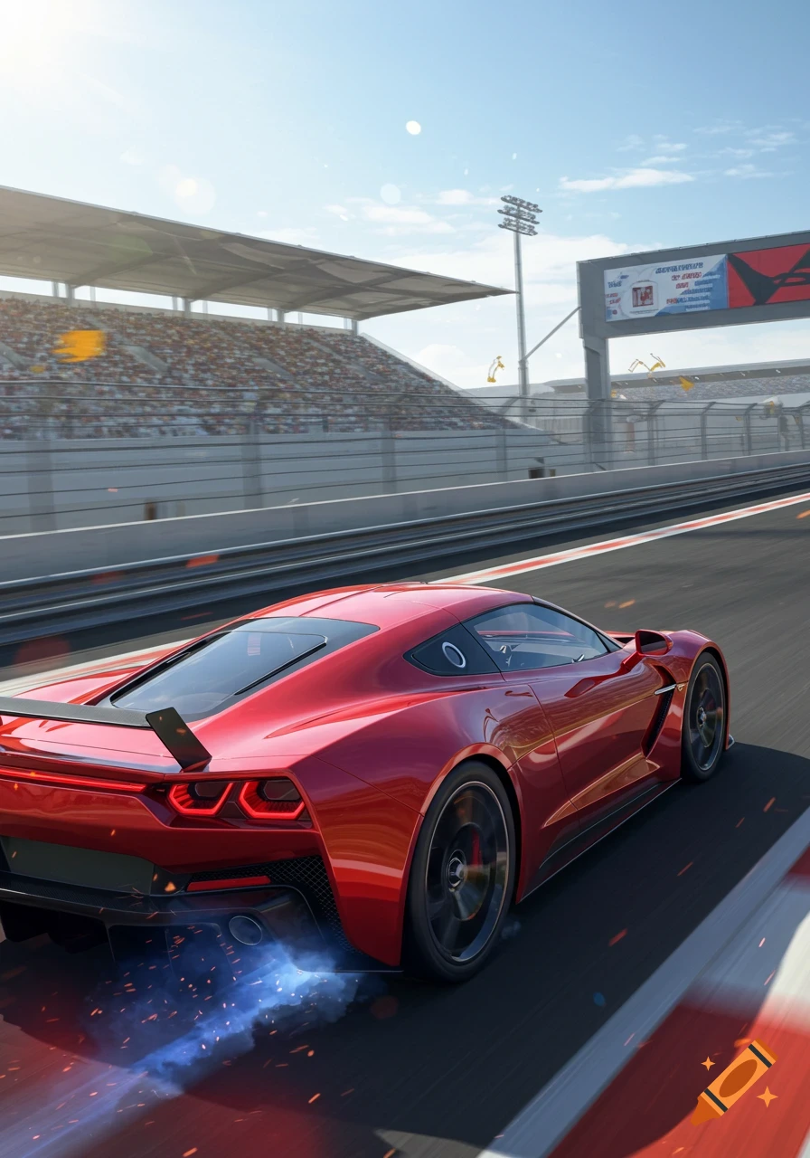 A red sports car with blue exhaust speeding on a race track under a sunny sky.