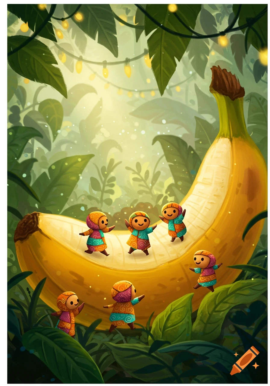 Colorful illustration of small, cute characters dancing on a giant banana in a luminous jungle with string lights.