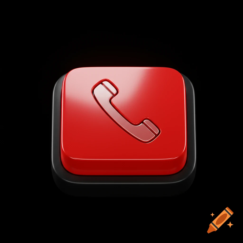 A glossy red square button with rounded corners features a raised white phone receiver icon, set against a dark black background.
