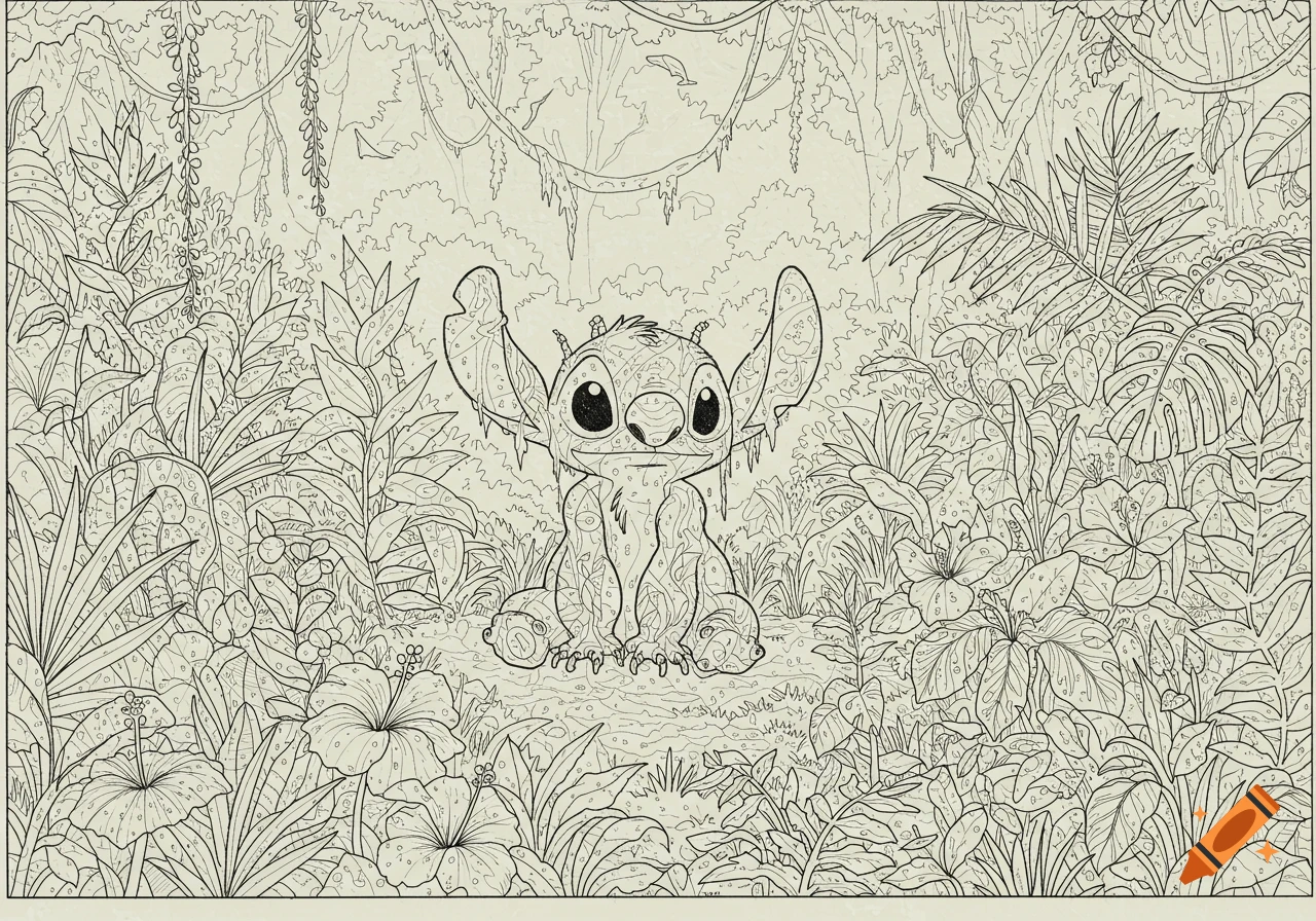 A black and white coloring page of Stitch sitting amidst dense jungle foliage.