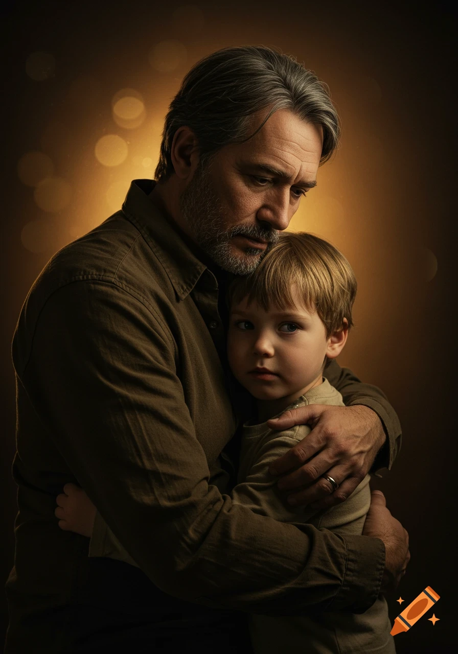 Realistic photo of a mature man tenderly hugging a young child in warm studio lighting.
