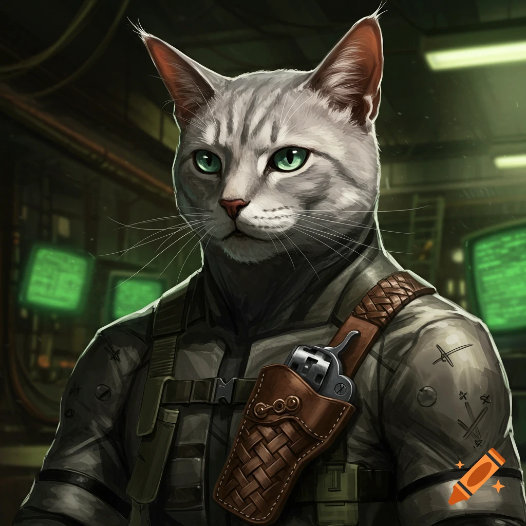 A grey tabby cat in military gear with a revolver, against a dark, tech background with green screens.