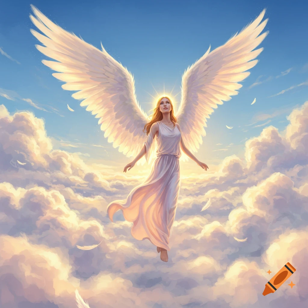 An ethereal angel with large white wings and a flowing gown floats amidst bright clouds in a blue sky.