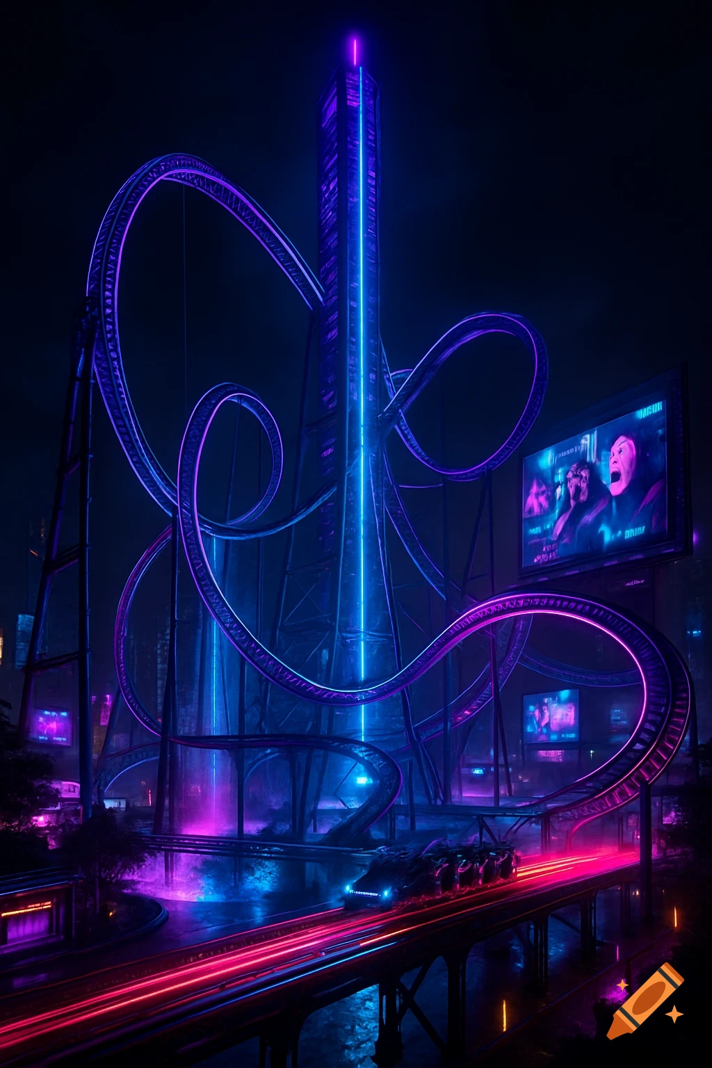 A futuristic neon-lit cityscape at night features a towering skyscraper, a looping roller coaster, and a train with light trails.