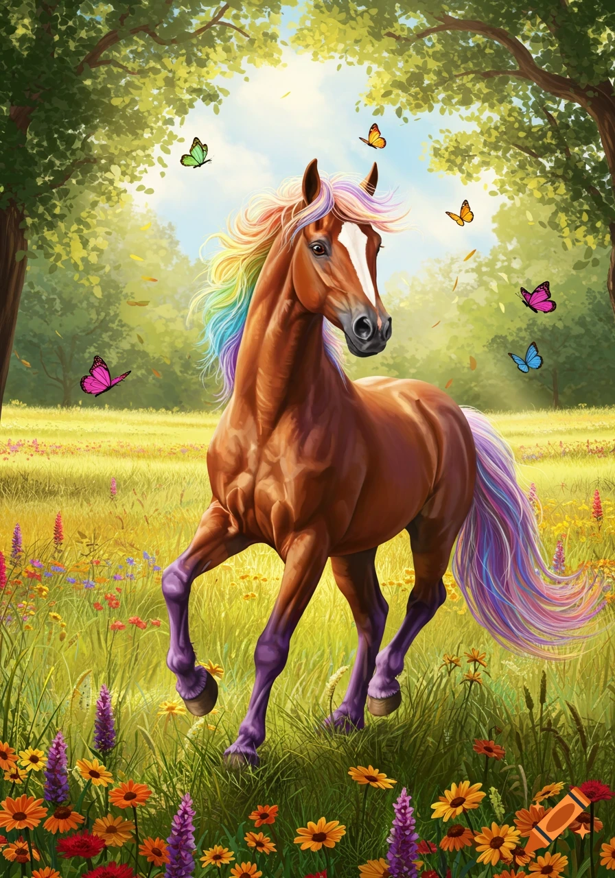 A majestic brown horse with a rainbow mane and tail gallops through a sunny, wildflower meadow with colorful butterflies.
