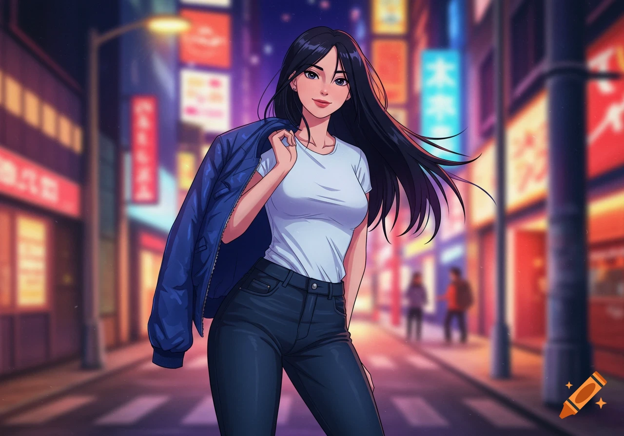Anime style illustration of a woman with long dark hair, wearing a white t-shirt and dark jeans, holding a blue jacket over her shoulder, on a neon-lit city street at night.