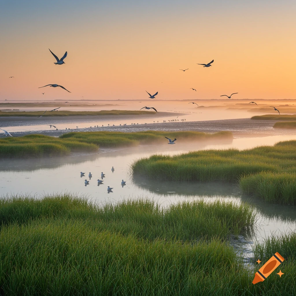 Misty estuarine wetland at sunrise/sunset with green marsh grass, winding river, and many seagulls flying and resting.