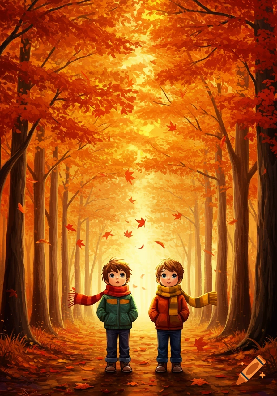 Two young boys in scarves and jackets stand in a vibrant autumn forest with falling orange leaves, illustration.