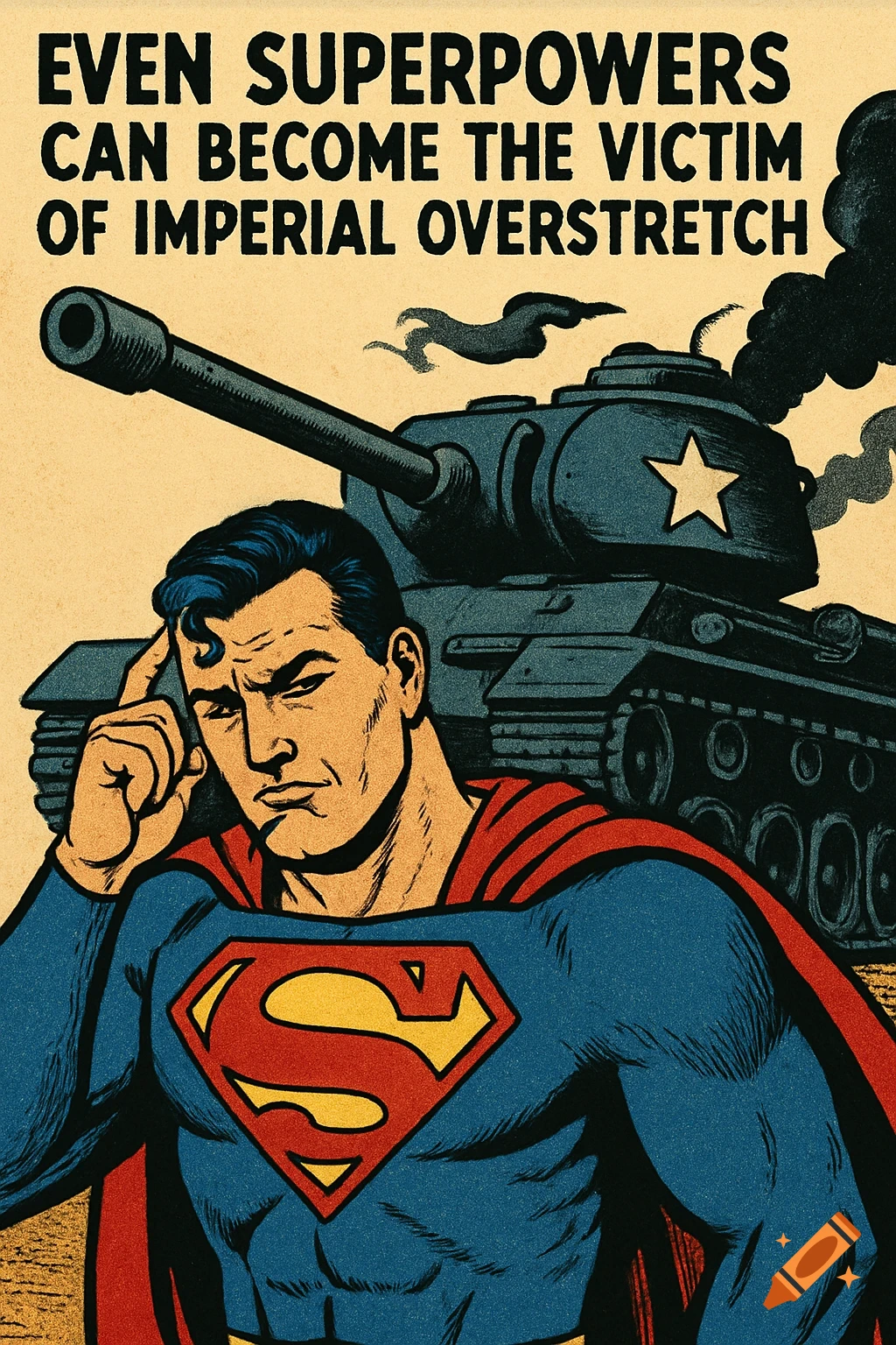 Superman in a vintage comic art style looks worried, scratching his head, with a military tank behind him and political text above.