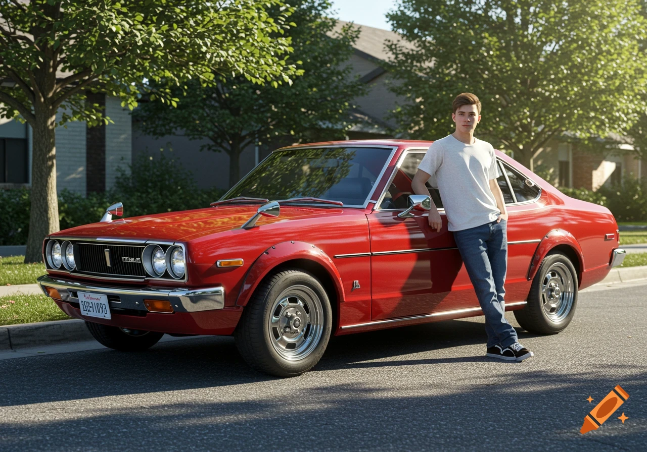 A young man leans on a shiny red classic car parked on a tree-lined suburban street.
