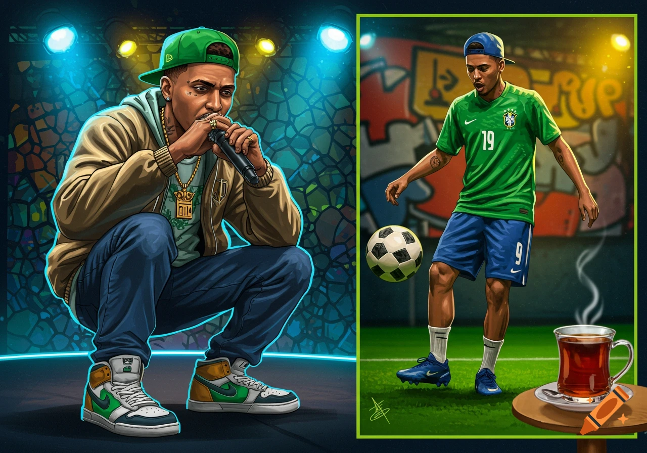An illustration split into two panels. The left shows a rapper in a green cap and beige jacket, crouching and holding a microphone. The right shows a soccer player in a green Brazil jersey and blue shorts, dribbling a ball on a field. A cup of tea is on a small table next to him.