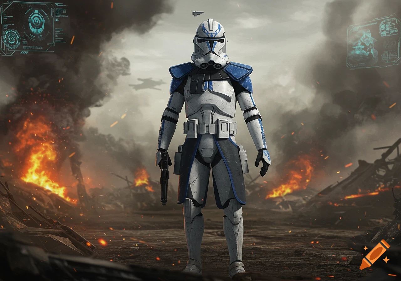 A Clone Commander in white and blue armor stands armed in a futuristic battlefield engulfed in smoke and fire, with holographic displays.