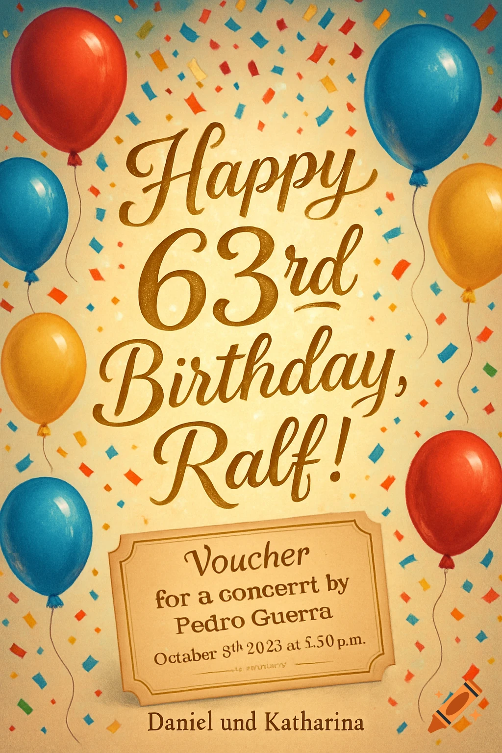 A vintage-style birthday card with colorful balloons and confetti, reading 'Happy 63rd Birthday, Ralf!', and a voucher below signed by Daniel and Katharina.