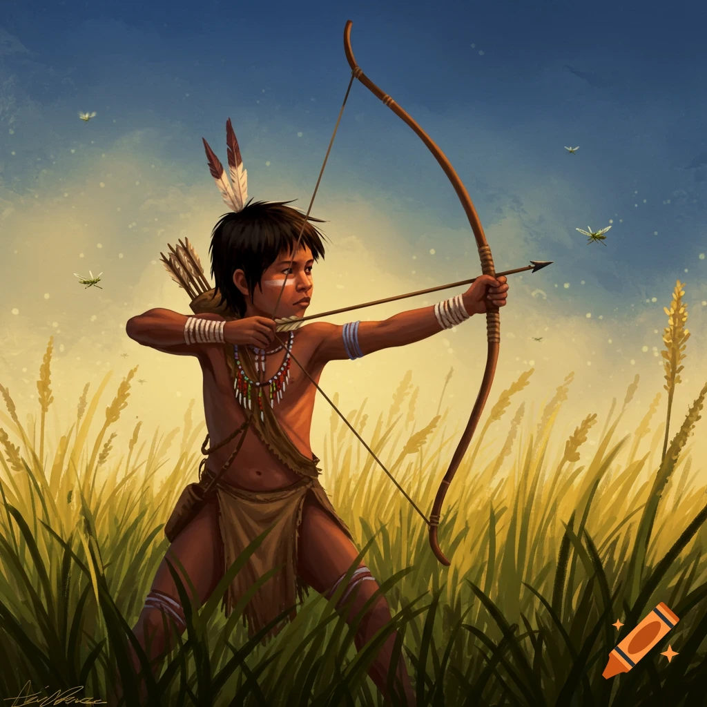 Illustration of a young native boy in traditional attire, aiming a bow and arrow at grasshoppers in tall golden grass under a blue sky.