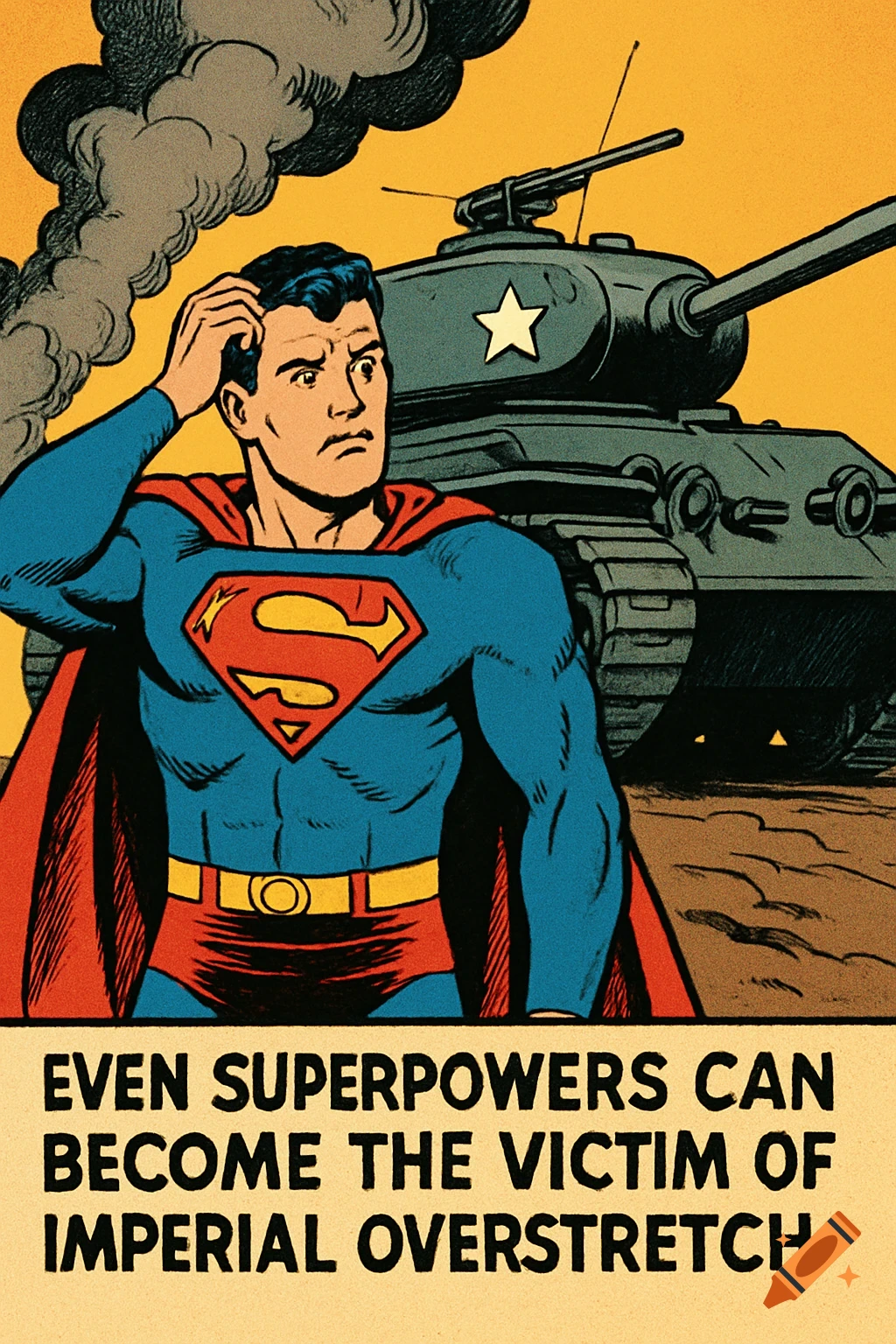 Vintage comic book art of Superman looking worried, scratching his head, with a military tank behind him. Text: EVEN SUPERPOWERS CAN BECOME THE VICTIM OF IMPERIAL OVERSTRETCH.