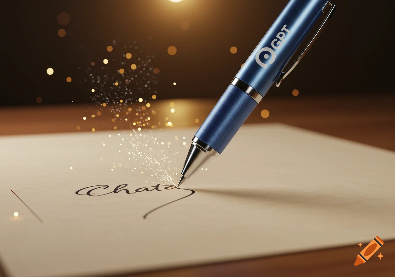 A blue pen with a 'GPT' logo writes 'Chat' in glowing script on a piece of paper, surrounded by sparkling light particles.