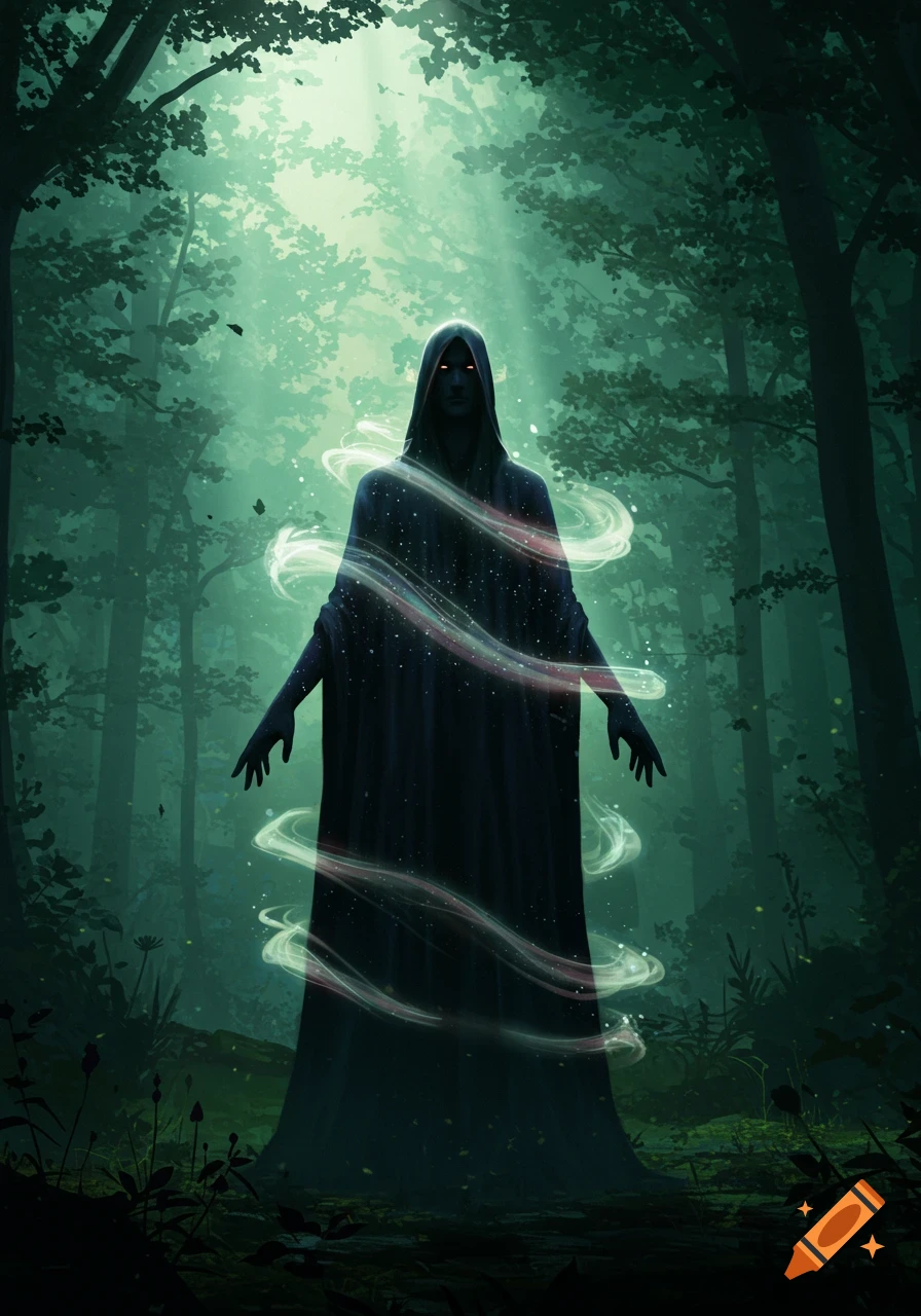 A dark hooded figure with glowing red eyes stands in a mystical, dark green forest with swirling ethereal energy.