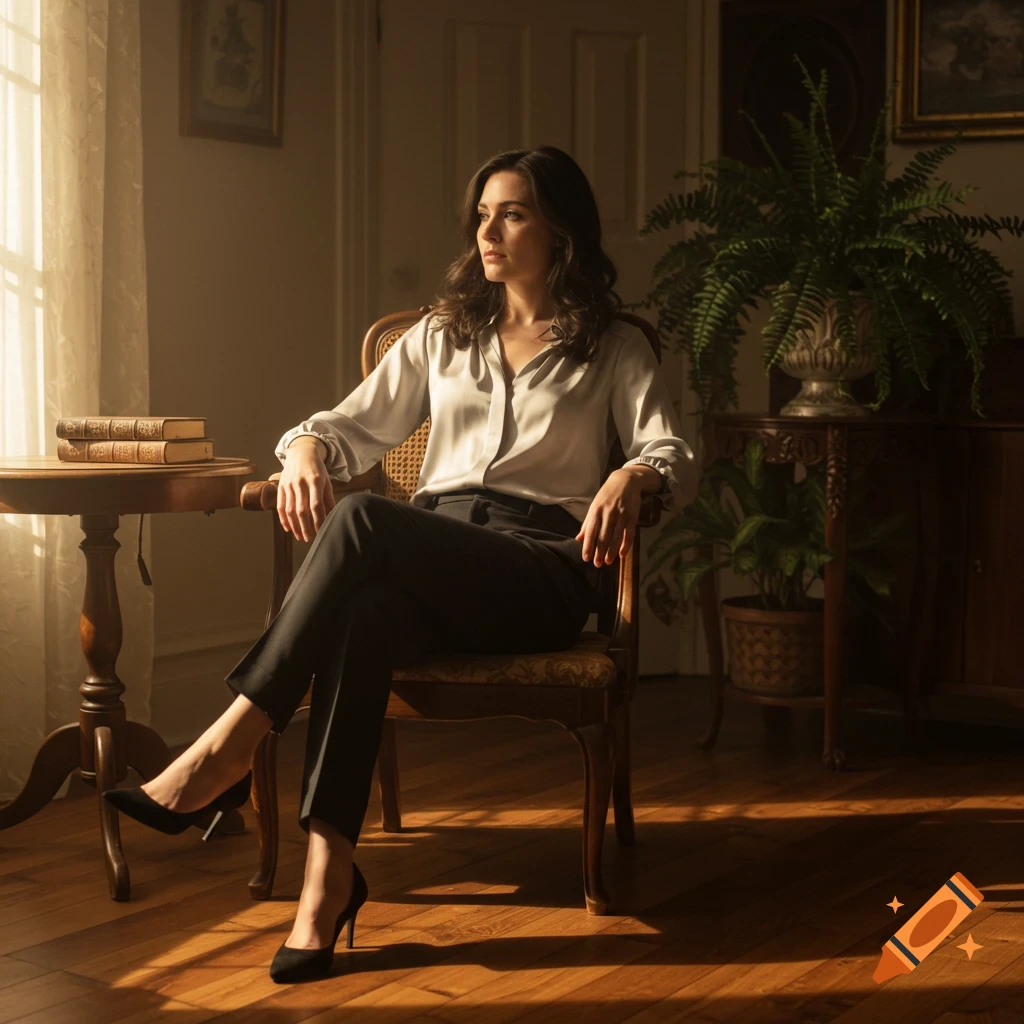 A woman in a white shirt and black pants sits in a wooden chair, looking out a sunlit window in a room with plants and books.