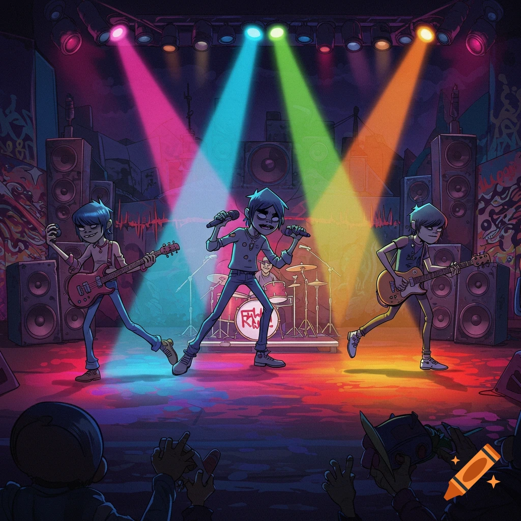 Animated Gorillaz band members perform on a stage illuminated by colorful spotlights.