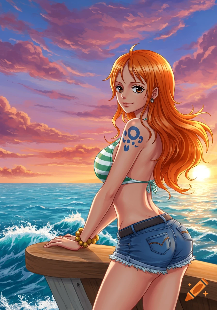 Anime illustration of Nami from One Piece on a boat deck at sunset, wearing a green striped bikini top and denim shorts.