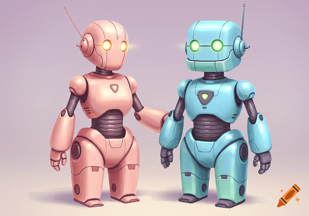 Two pastel pink and blue remote-control style robots stand side-by-side on a light background.