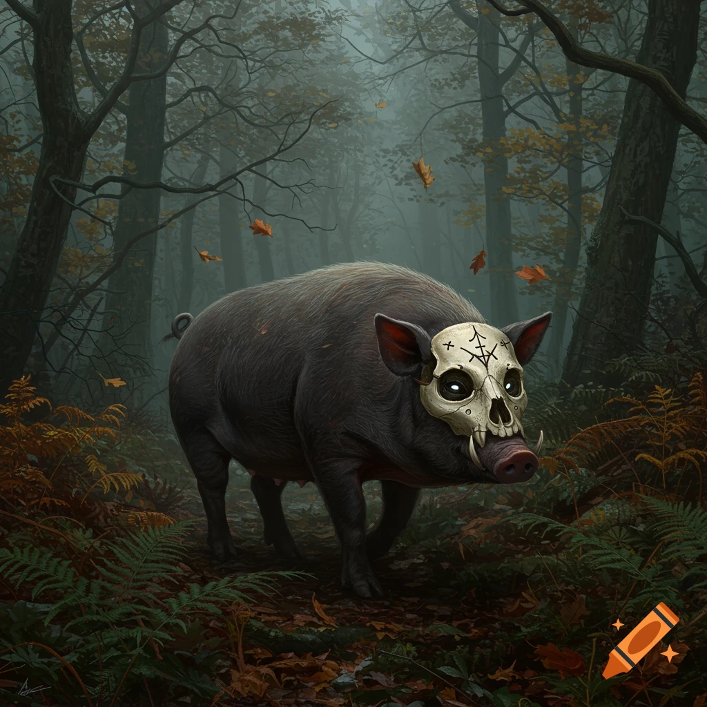 A realistic wild boar wearing a skull mask with glowing eyes and symbols stands in a foggy, dark forest filled with ferns and autumn leaves.