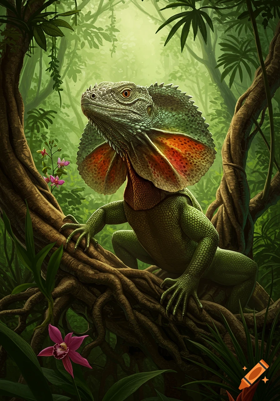 A vivid frilled lizard with green and orange scales perches on a gnarled tree branch in a lush, green jungle.