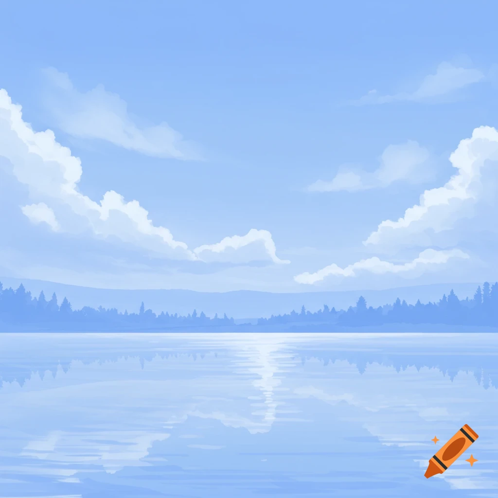 A serene, stylized light blue landscape showing a lake reflecting a cloudy sky and distant forests.