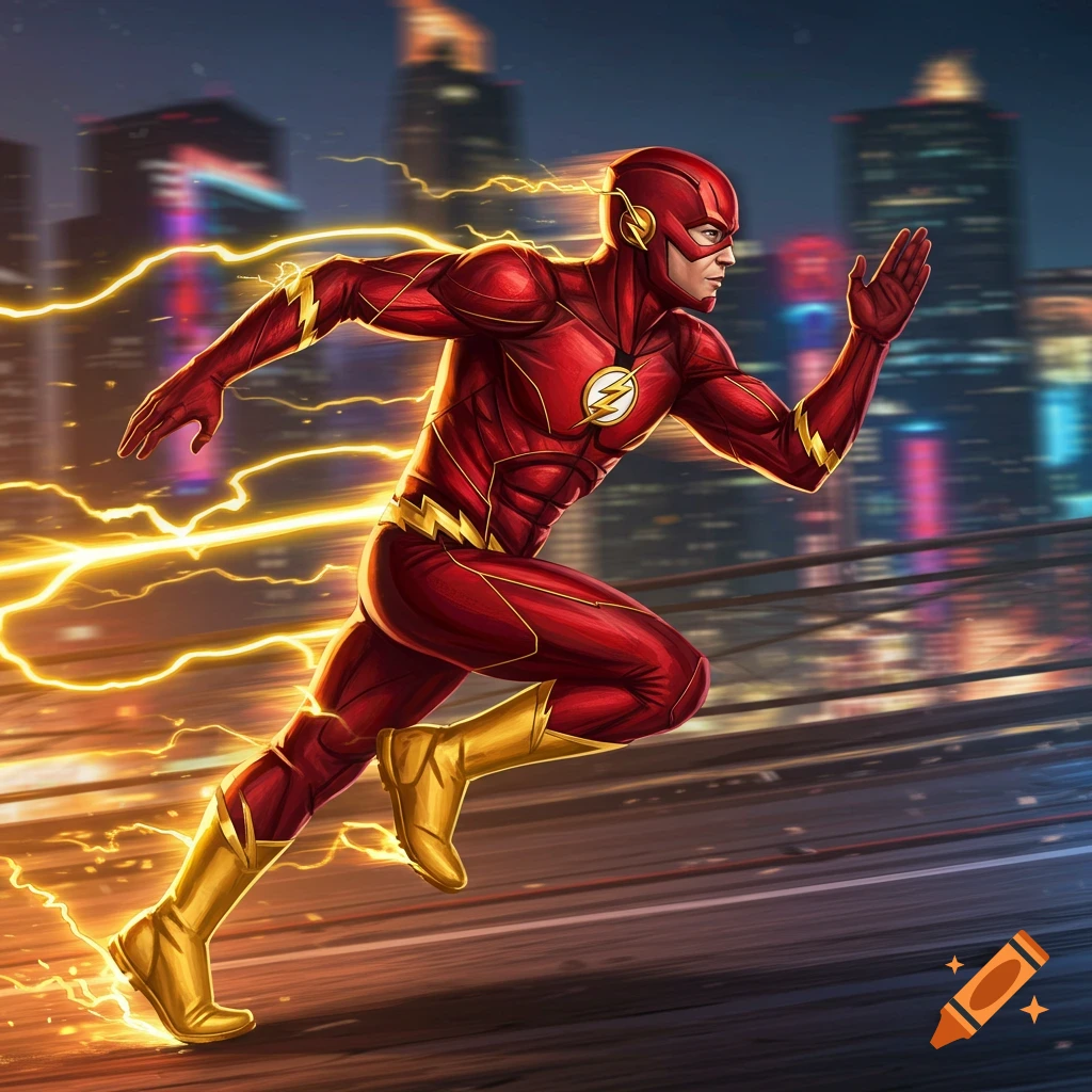 The Flash in a red suit with a lightning emblem runs rapidly through a city at night, leaving yellow lightning trails. Comic art style.
