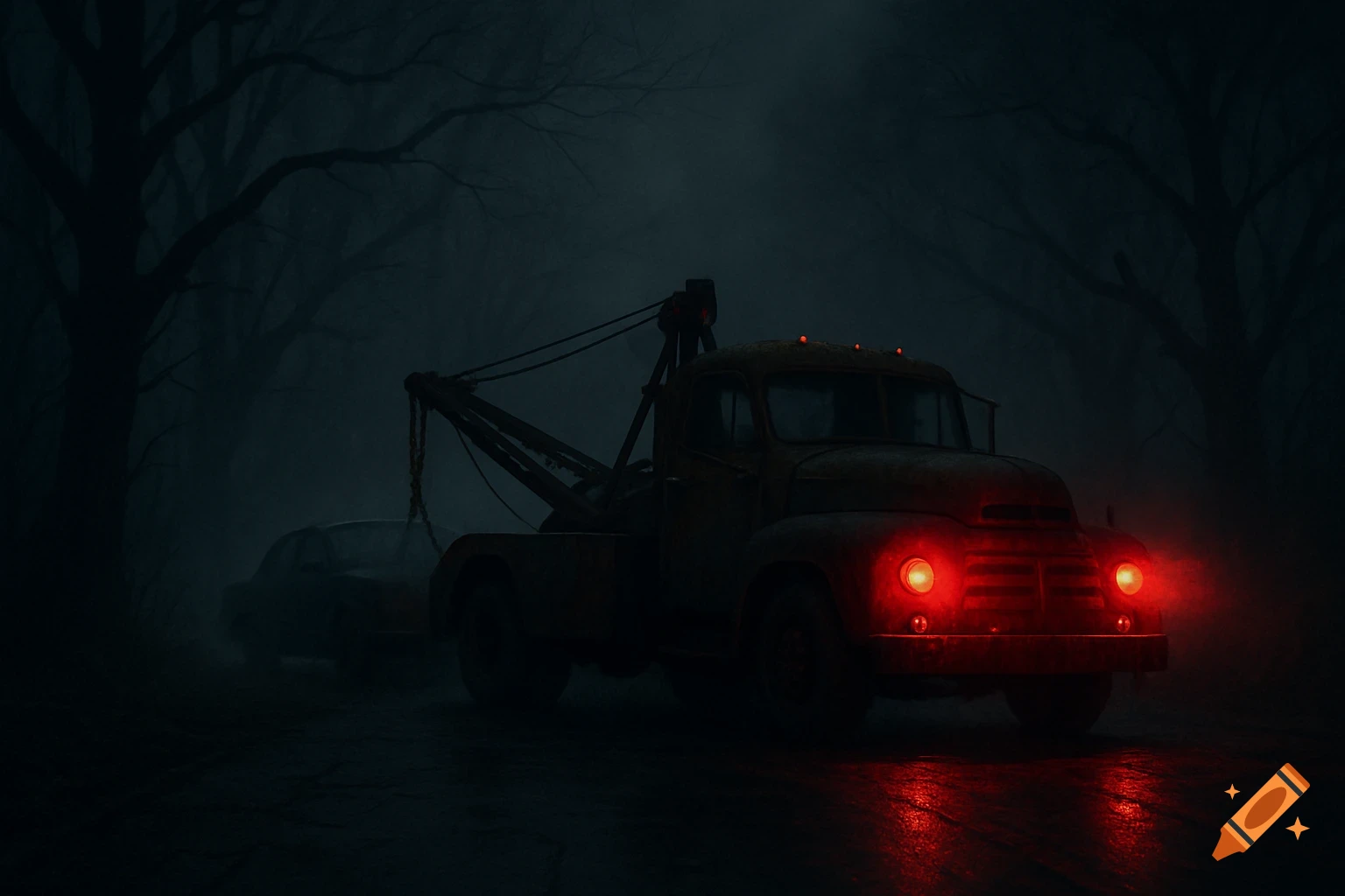 A spooky, rusted tow truck with glowing red headlights pulls a car on a dark, foggy road in a dense forest at night.