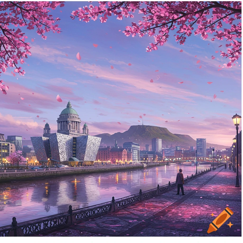 Vibrant anime cityscape with a river, modern buildings, and cherry blossoms framing the sky, a person walks on the path.