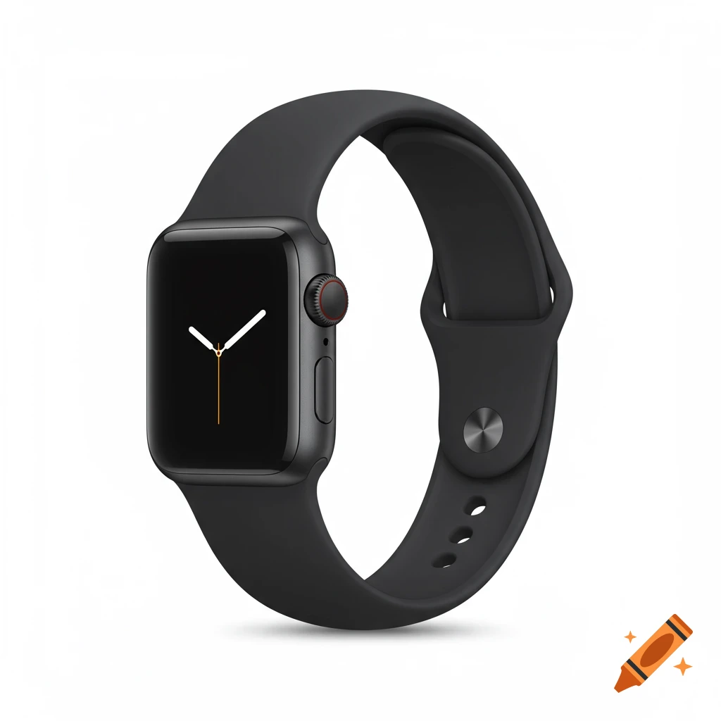 Photorealistic close-up of a space gray Apple Watch with a black silicone band on a white background.