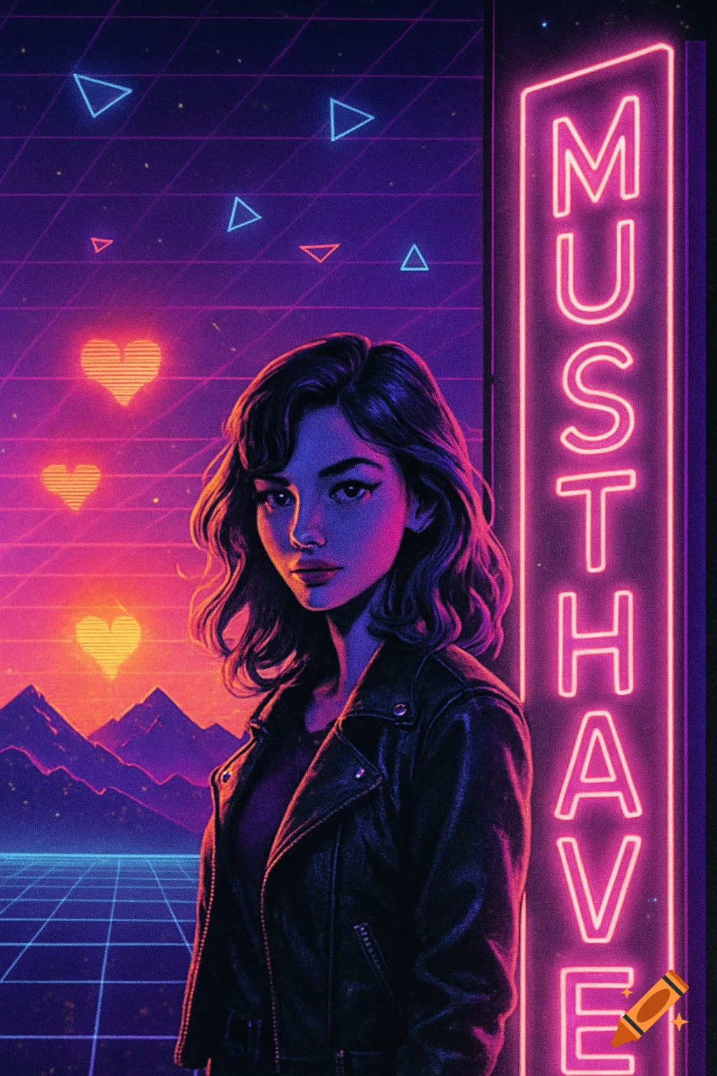Synthwave portrait of a woman in a leather jacket next to a neon "MUSTHAVE" sign, with glowing mountains and grid.