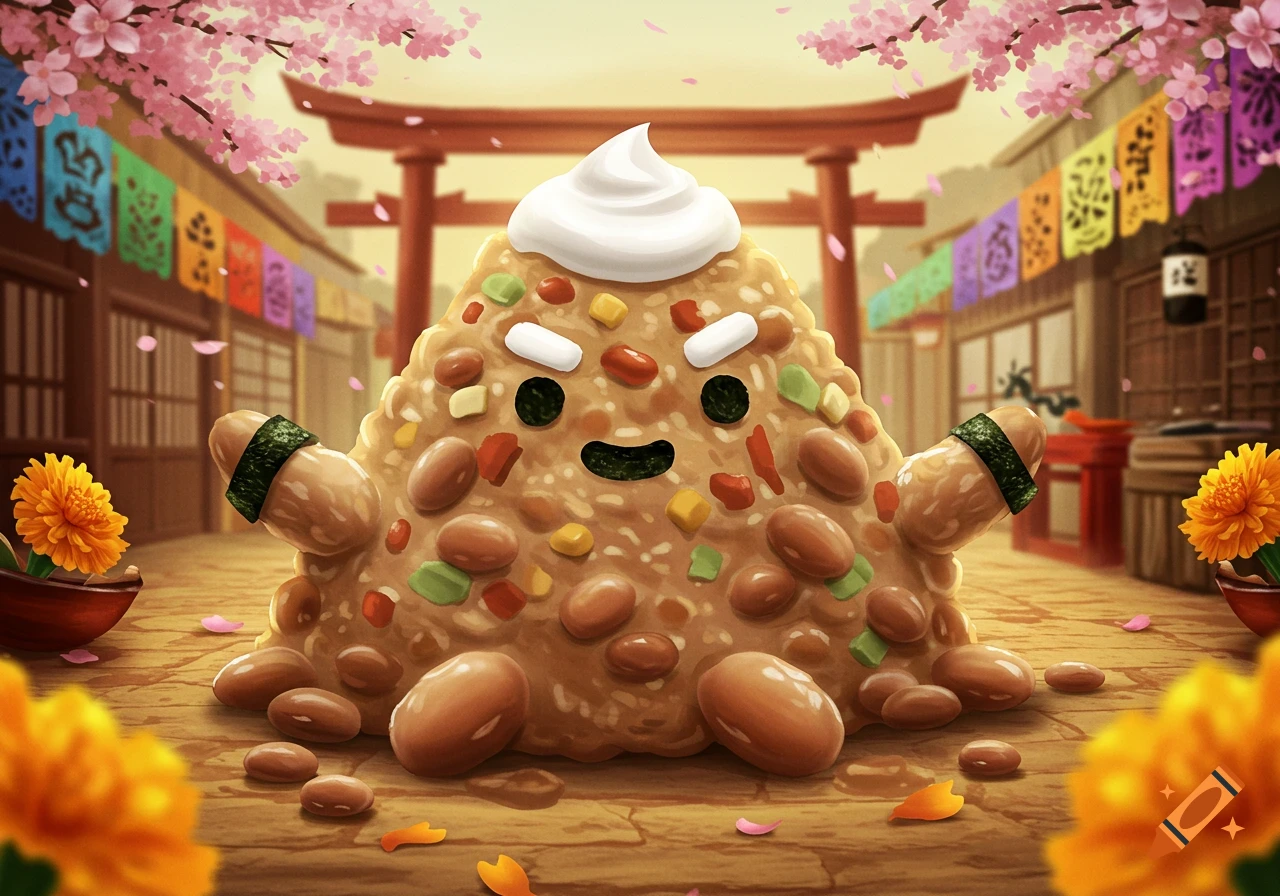 A smiling cartoon refried bean character with sour cream on its head and nori-wrapped bean arms stands in a Japanese street with a torii gate and cherry blossoms.