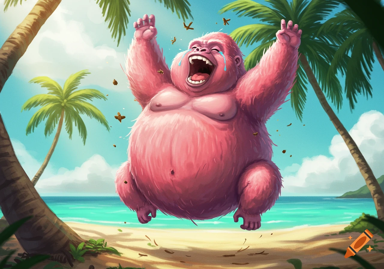 A pink, fluffy, cartoon gorilla on a tropical beach, laughing loudly with tears and snot flying, surrounded by palm trees.