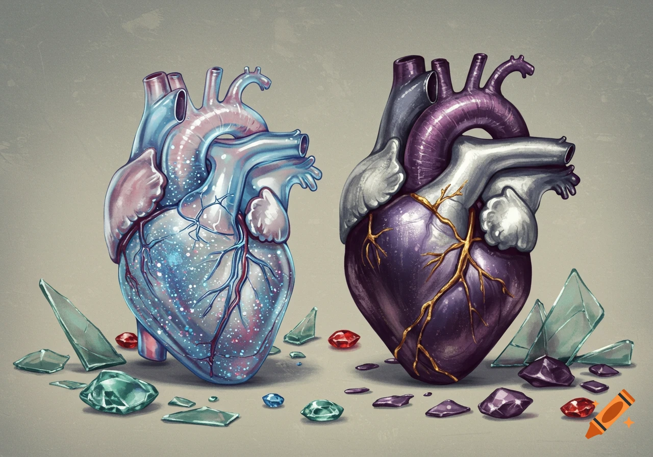 Two stylized hearts, one shimmering blue glass with glitter, the other dark purple and silver with gold-repaired cracks, surrounded by broken glass and gems in an artistic illustration.