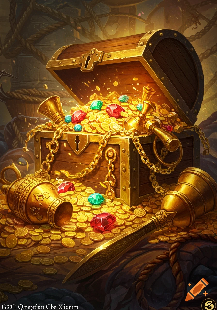 An ornate, open treasure chest overflowing with sparkling gold coins, red and green gems, and golden artifacts in a fantasy art style.