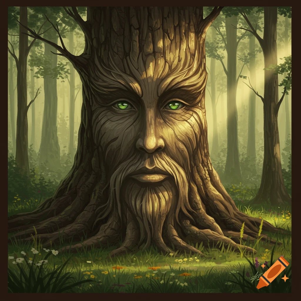 An intricately carved tree trunk with a wise, bearded human-like face and glowing green eyes in a sunlit forest.