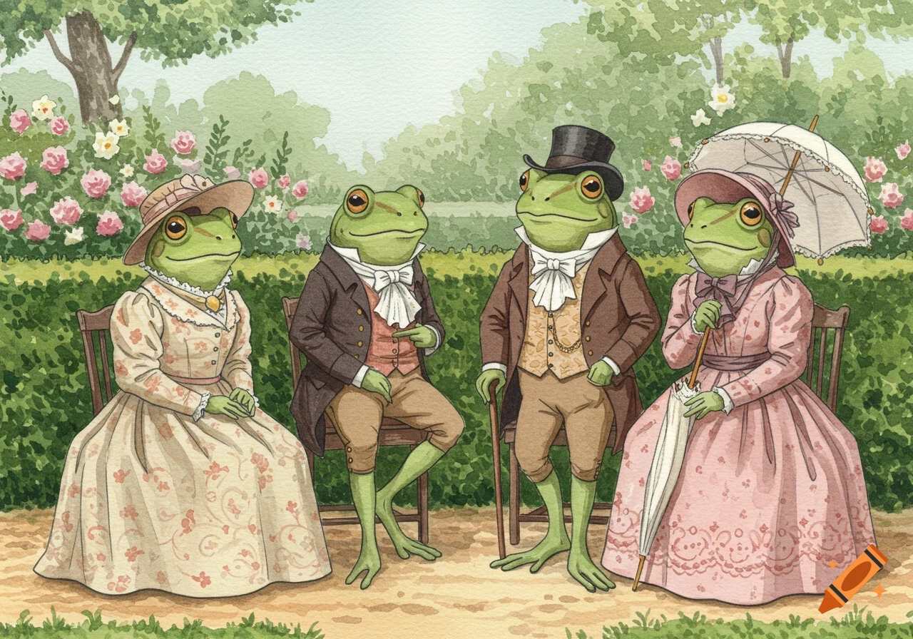 Watercolor of four Victorian-dressed anthropomorphic frogs in a rose garden.