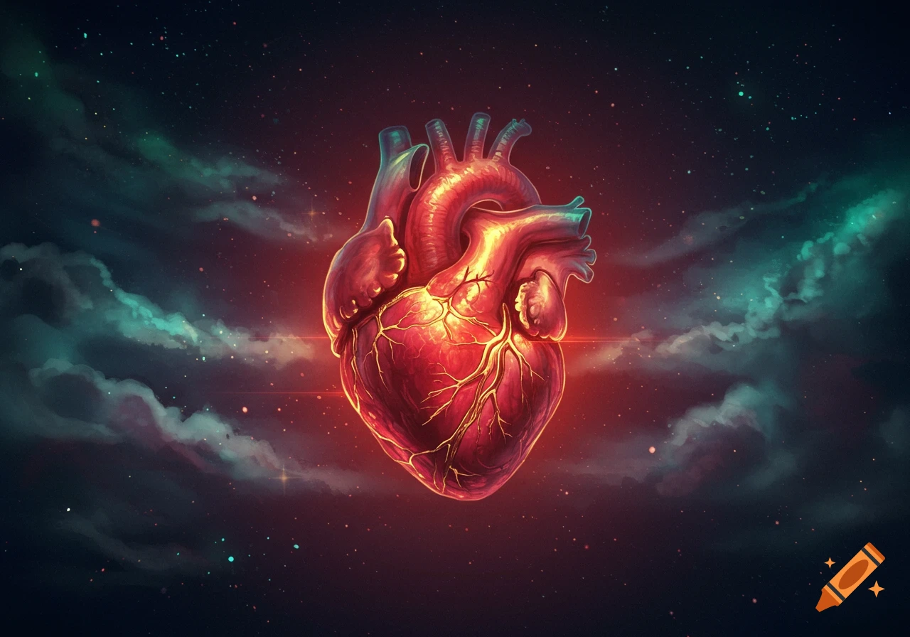 A vibrant red anatomical heart with glowing veins floats in a dark cosmic background with nebulae and stars.