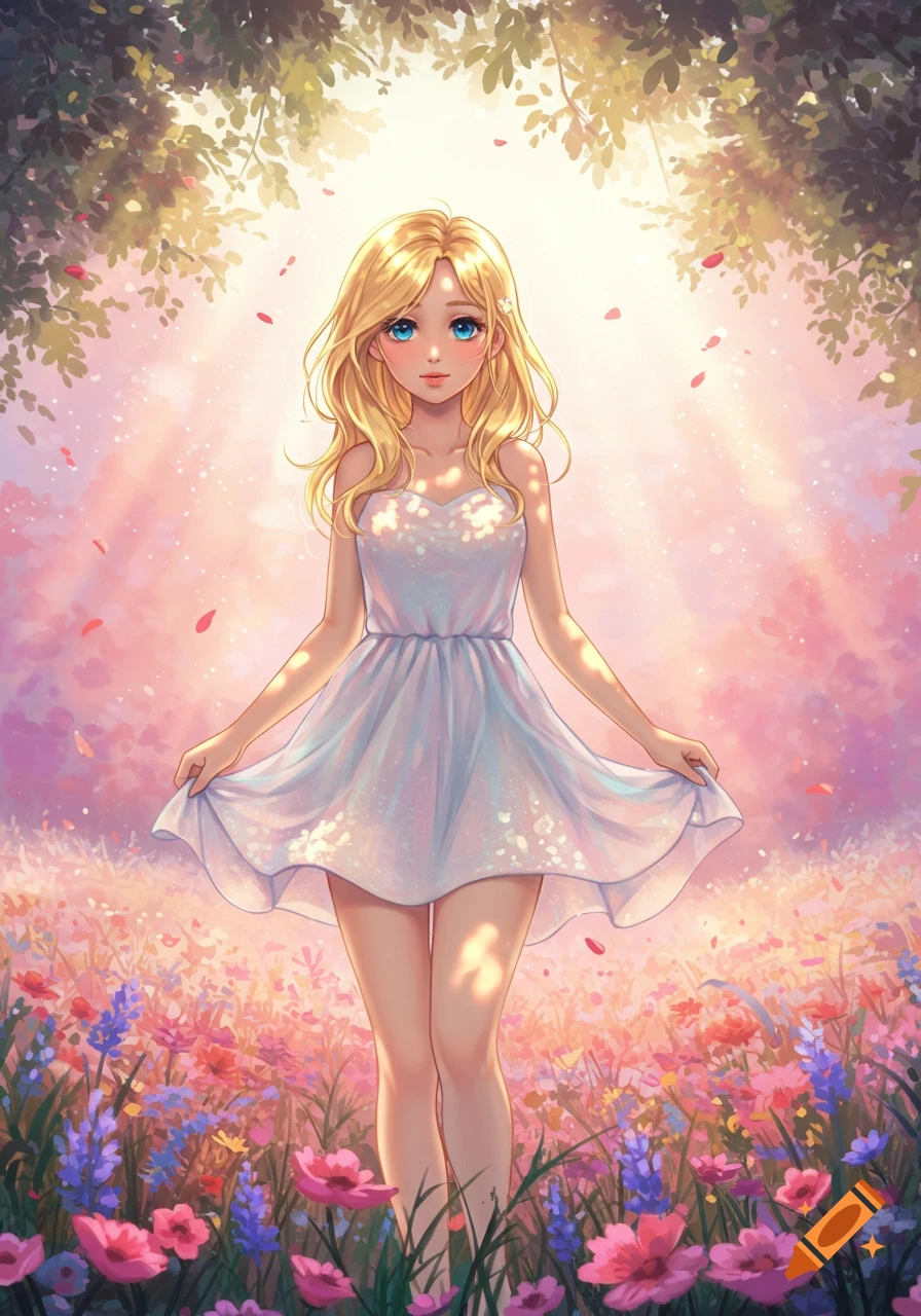 Blond anime girl with blue eyes in a white dress standing in a vibrant flower field under dappled sunlight.
