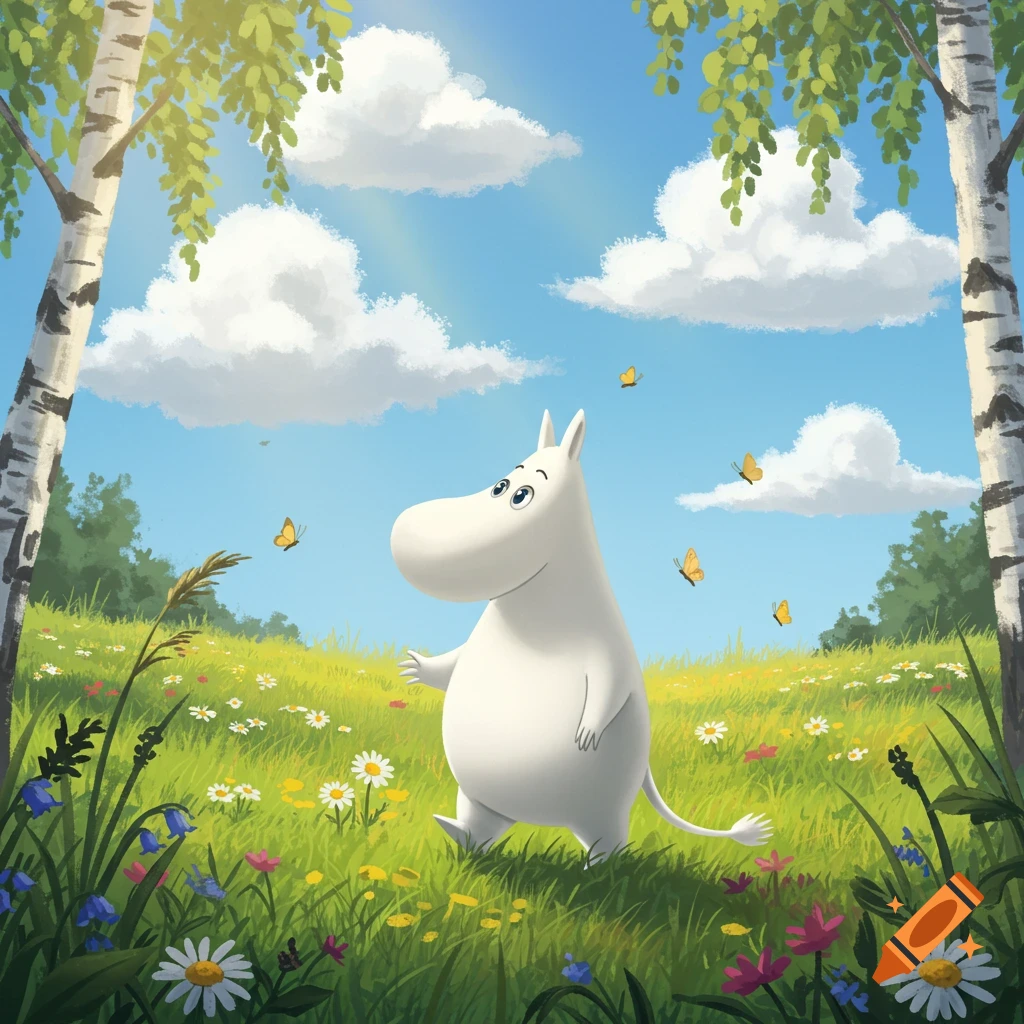 A white Moomin character stands in a vibrant green field with colorful wildflowers and butterflies under a blue sky with white clouds and birch trees.