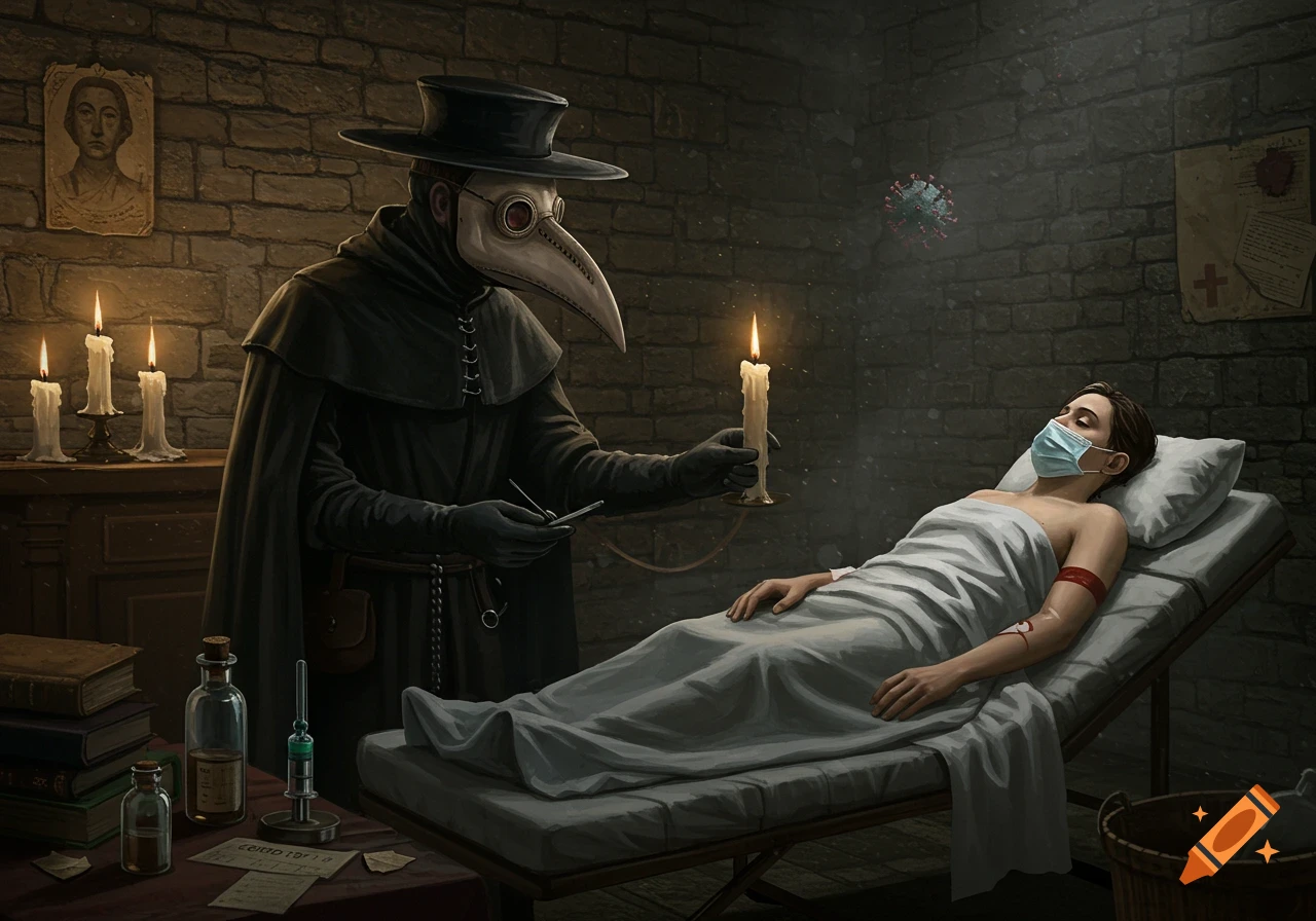 A plague doctor holds a candle, attending to a masked patient on a gurney in a dimly lit, brick-walled room with a floating COVID-19 virus.