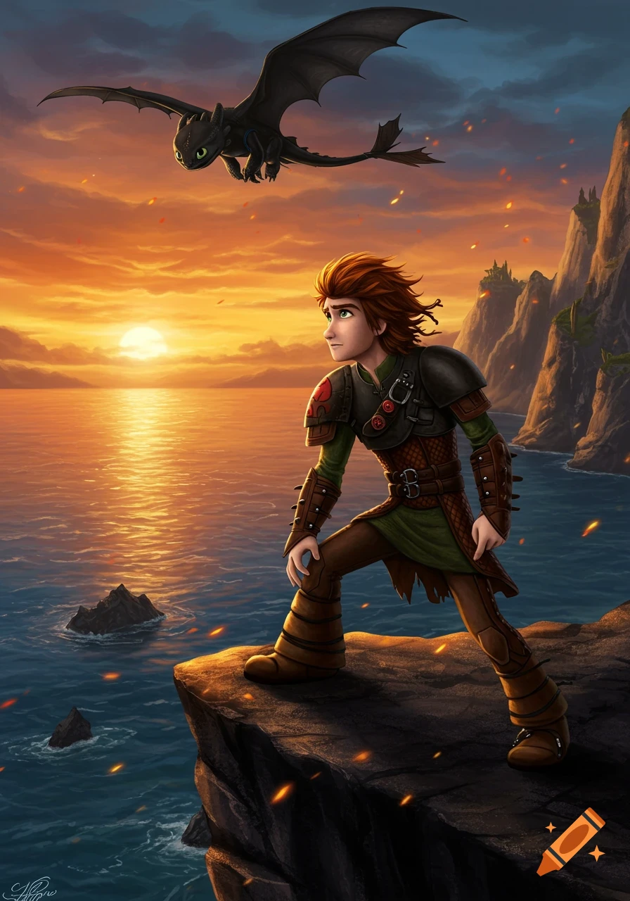 Hiccup stands on a cliff watching the sunset over the ocean, with Toothless flying above in an animated style.