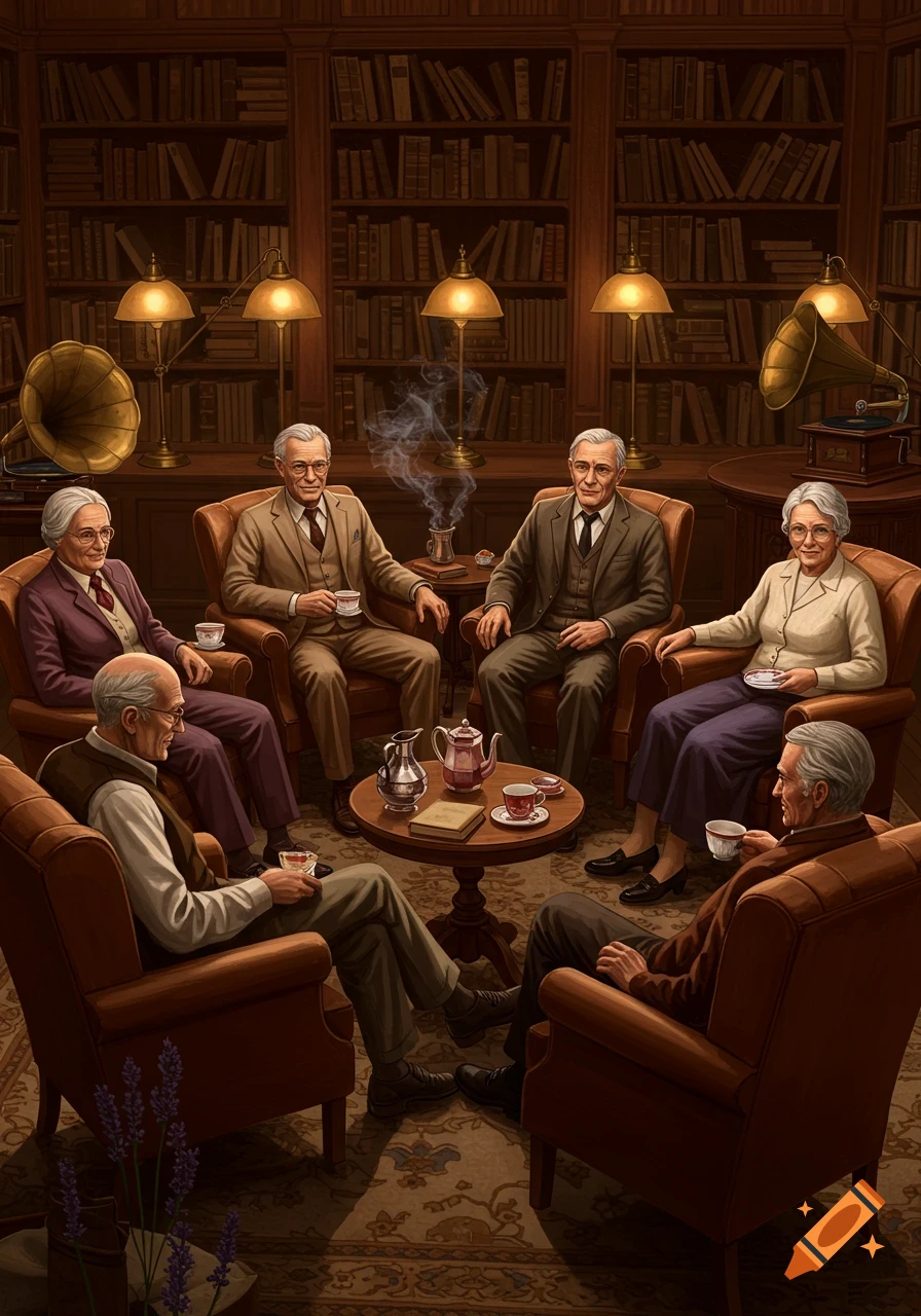 Six elderly people are seated in a dimly lit, wood-paneled library with bookshelves, gramophones, and lamps, enjoying tea.
