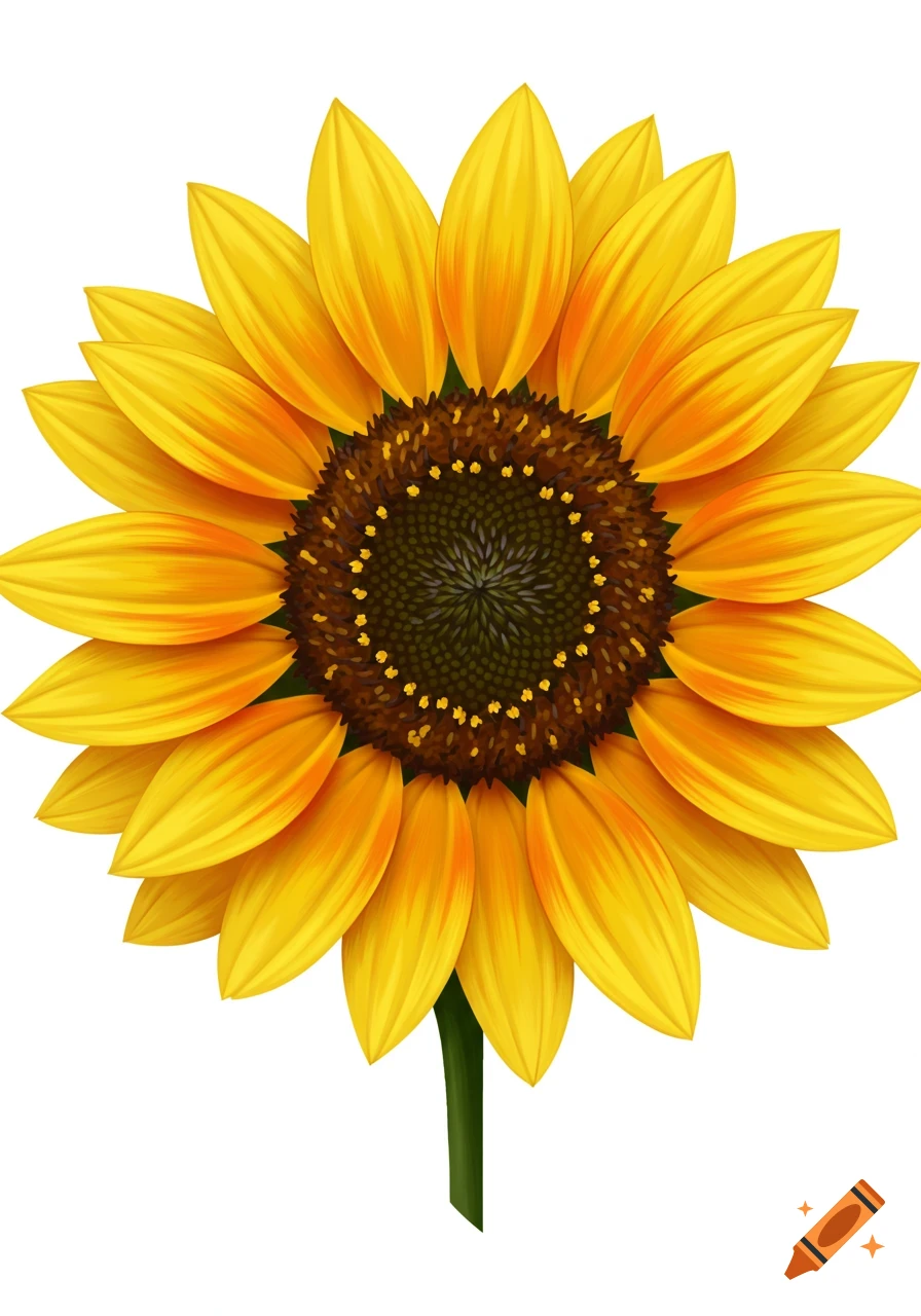 A vibrant yellow and orange sunflower with a dark brown center and a green stem, against a white background.
