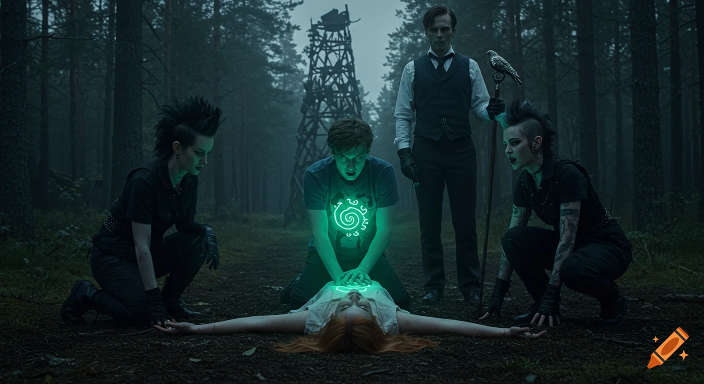 A tense, cinematic scene in a dark forest where four figures surround an unconscious woman with a glowing green symbol on her chest.