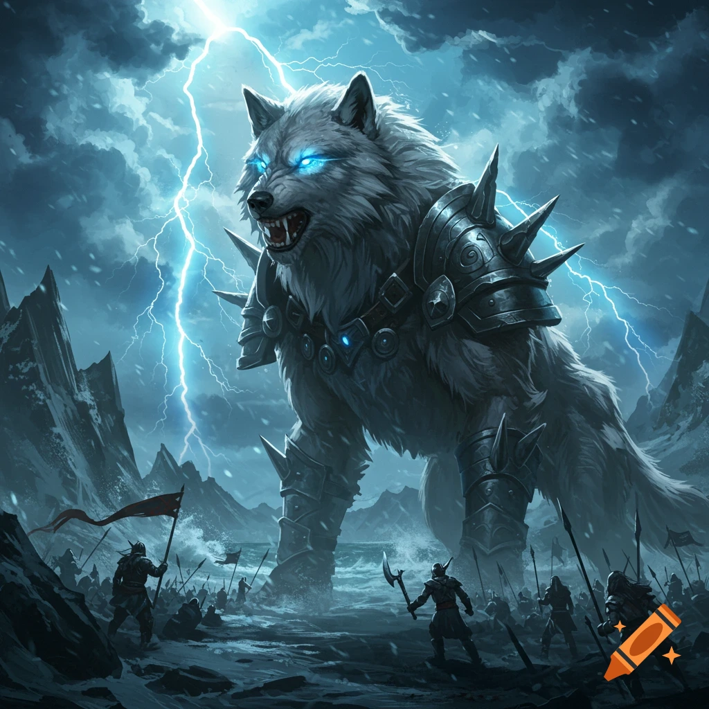 A giant, armored white wolf with glowing blue eyes stands in a stormy, snowy battlefield against an army, with lightning striking.