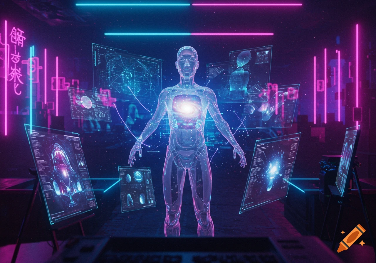 Translucent human figure with a galaxy in its chest stands amidst glowing holographic screens in a neon-lit futuristic setting.