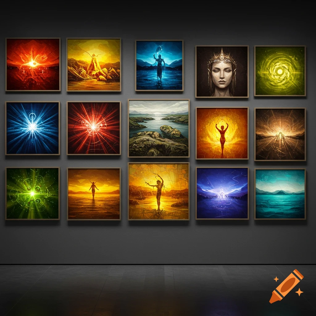 A dark wall displaying a grid of fifteen colorful framed square paintings, featuring abstract designs, glowing energy, landscapes, and stylized figures.